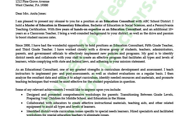 exemple de lettre de candidature de consultant en éducation