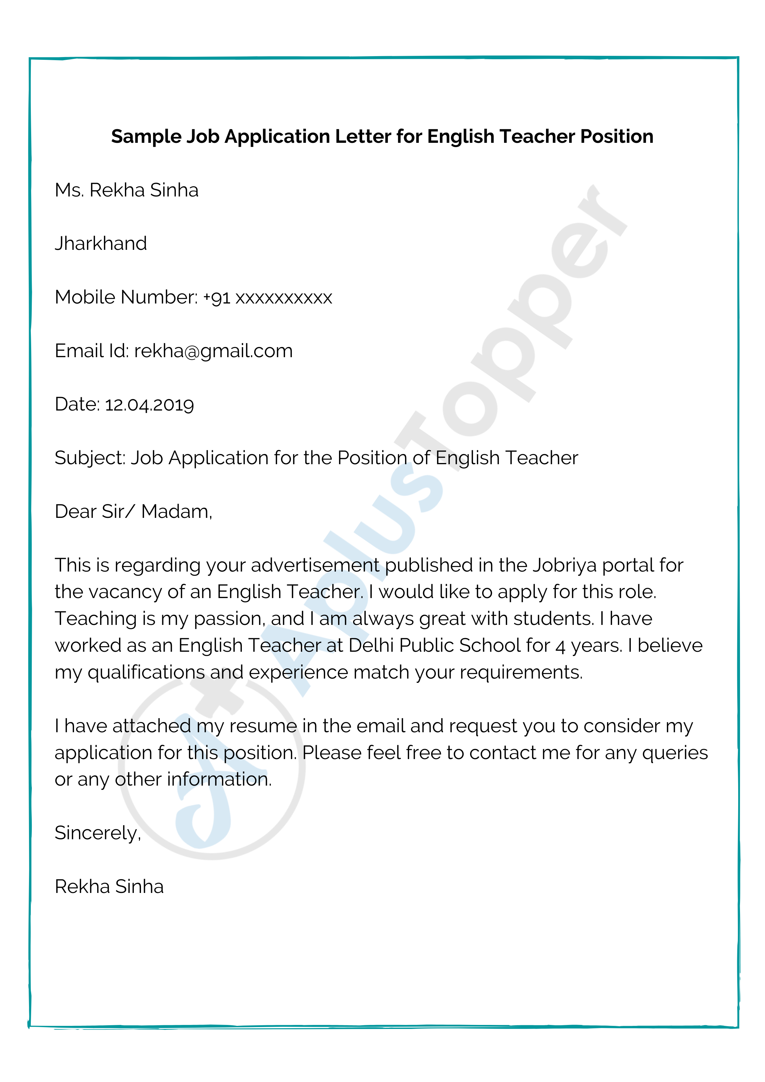 Exemple de lettre de demande d'emploi pour un poste de professeur d'anglais