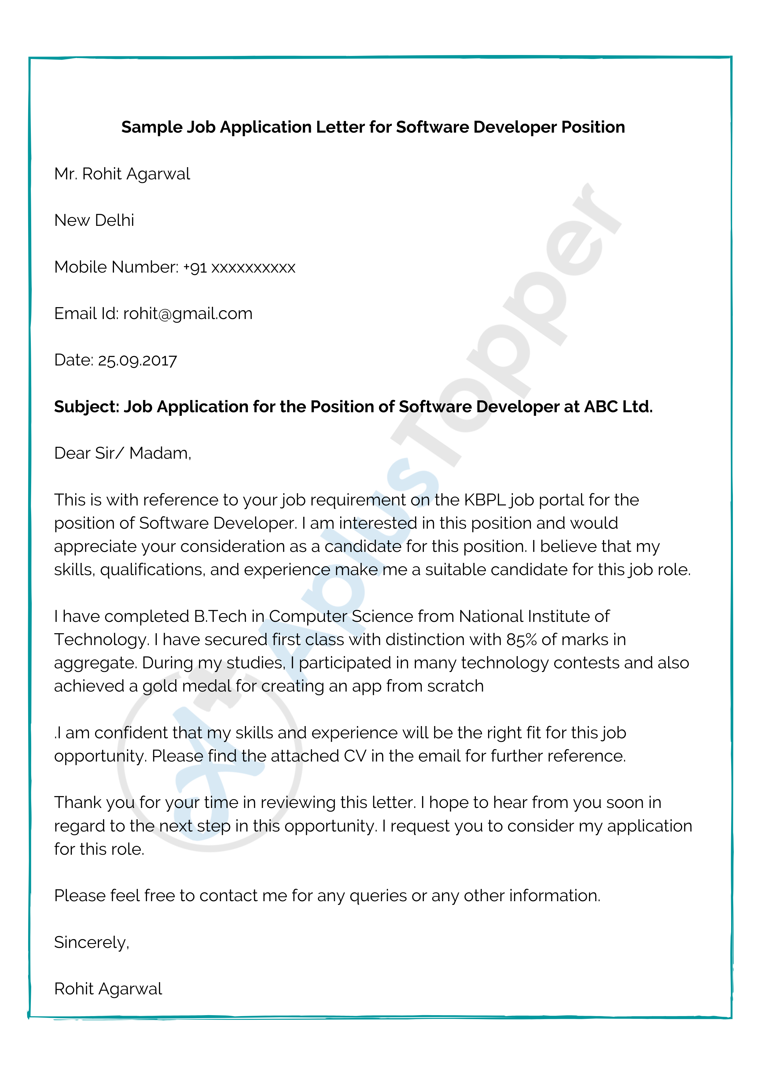 Exemple de lettre de demande d'emploi pour un poste de développeur de logiciels