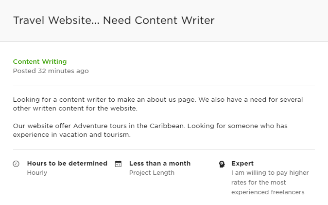 Un client à la recherche d'un rédacteur de contenu pour son site Web de voyage.