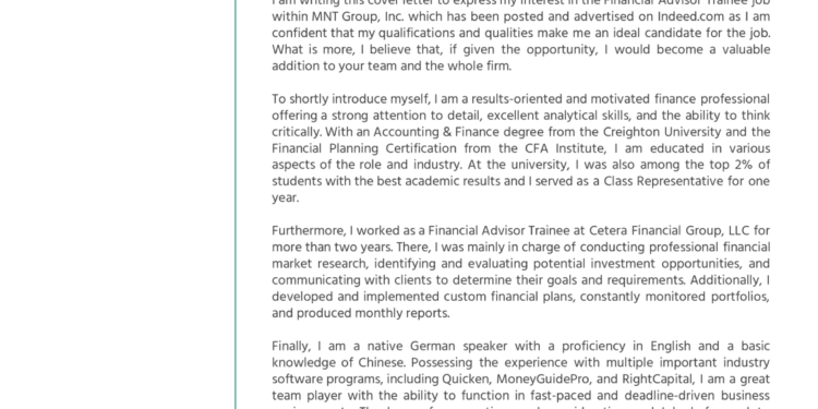 Exemple de lettre de motivation pour conseiller financier stagiaire