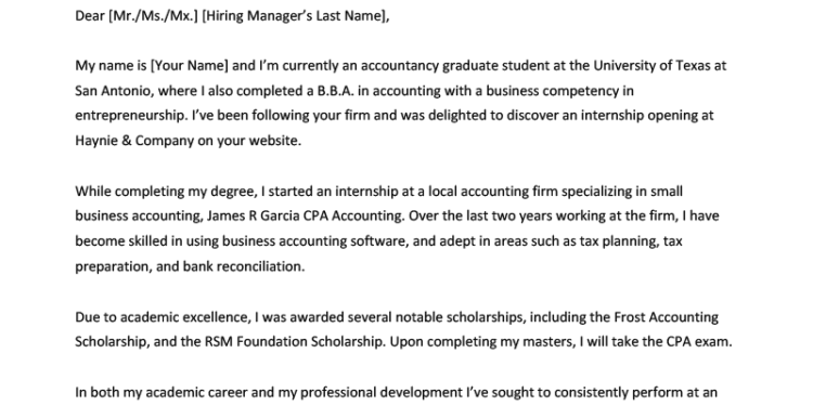 Example of a cover letter for an accounting intern