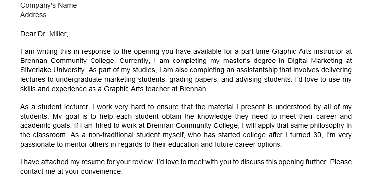 exemple de lettre de motivation pour un poste d'enseignant dans un collège communautaire