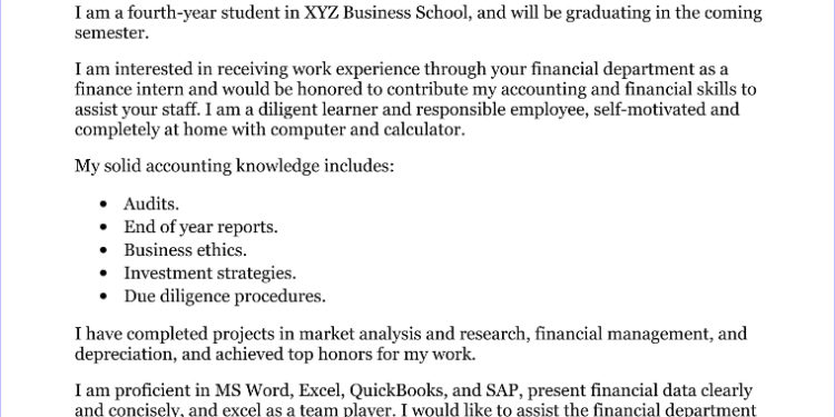 Finance Internship Cover Letter Sample