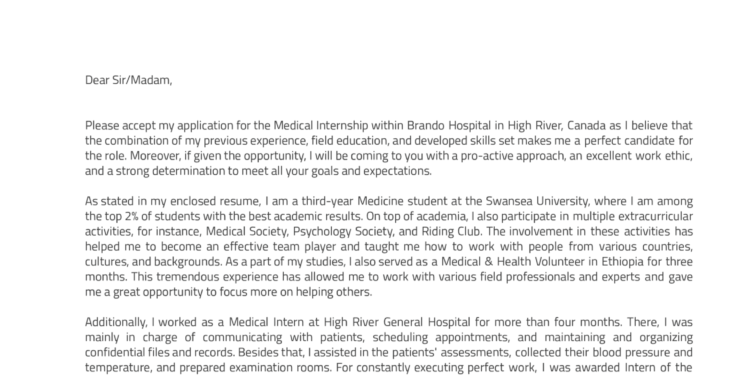 Exemple de lettre de motivation pour un stage en médecine