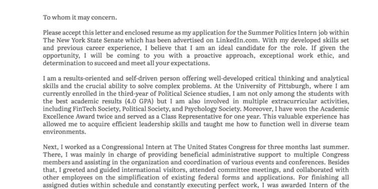 Exemple de lettre de motivation pour un stage en politique