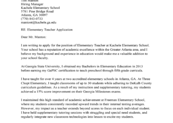 Elementary teacher cover letter sample