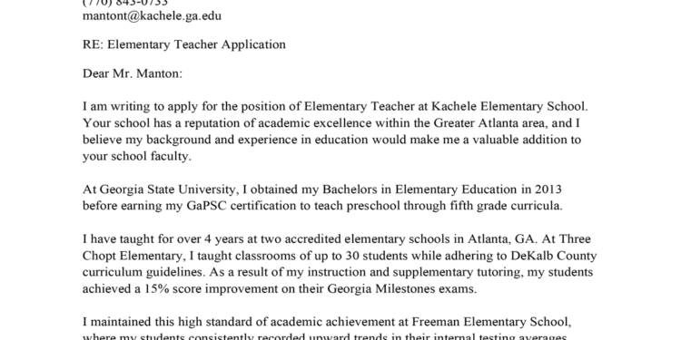 Elementary teacher cover letter sample