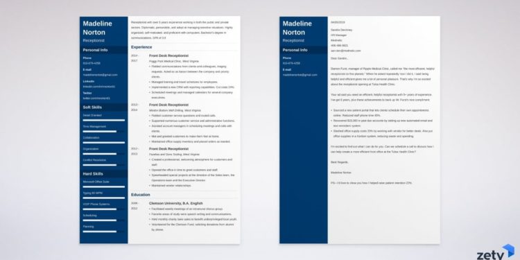 CV de réceptionniste et lettre de motivation