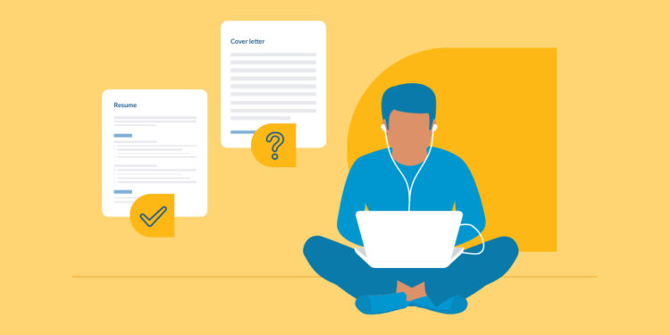 Demandeur d'emploi écrivant une lettre de motivation sur un ordinateur portable, illustration graphique sur fond jaune.