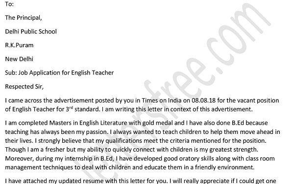 Lettre de candidature pour un emploi d'enseignant pour Fresher
