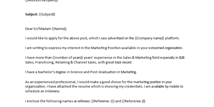 marketing job application letter