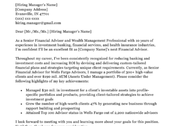 A sample cover letter for a financial advisor.