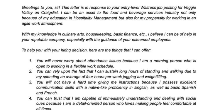 Lettre de motivation pour serveuse sans expérience