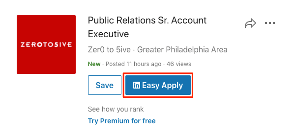 En cliquant "Application facile" permet aux utilisateurs de joindre un CV à une demande d'emploi LinkedIn.