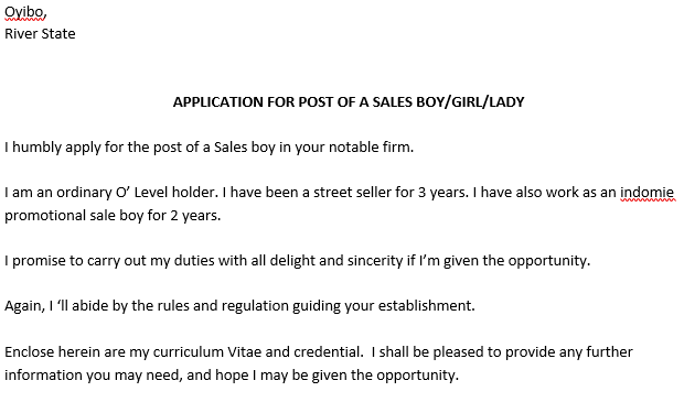 Lettre de candidature pour un poste de vendeur/fille/dame