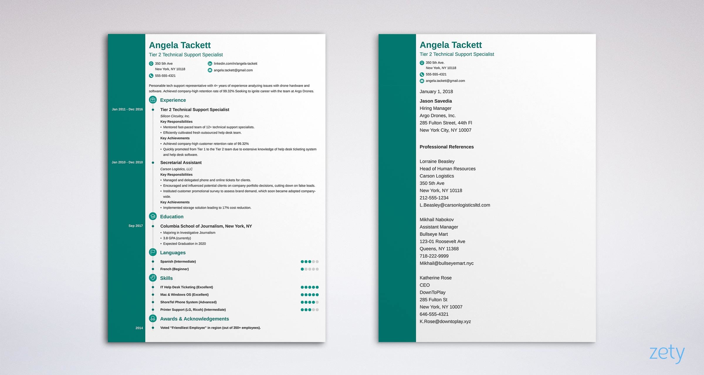 CV et page de référence avec barre latérale verte