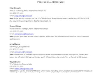 Un exemple de la façon de lister des références professionnelles sur votre CV.  L'exemple montre des références de tout l'historique de carrière d'un professionnel.  Chaque référence comprend le nom de la personne, son titre actuel, son numéro de téléphone portable, son e-mail et une note sur la relation.