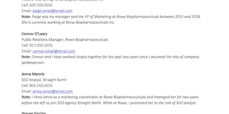 Un exemple de la façon de lister des références professionnelles sur votre CV. L'exemple montre des références de tout l'historique de carrière d'un professionnel. Chaque référence comprend le nom de la personne, son titre actuel, son numéro de téléphone portable, son e-mail et une note sur la relation.