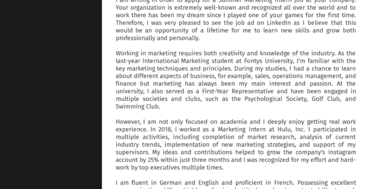 Exemple de lettre de motivation de stagiaire en marketing