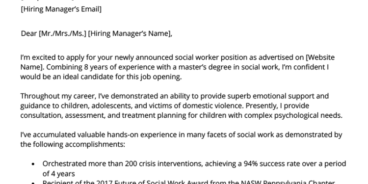 Social work cover letter — example and template for a social worker