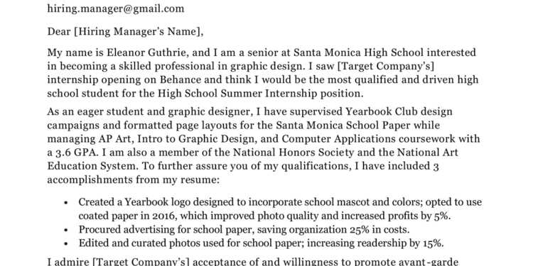 High school student cover letter sample