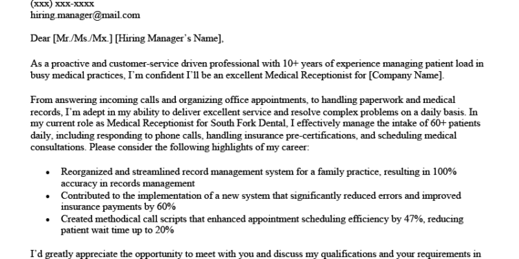 Medical Receptionist Cover Letter Sample Template